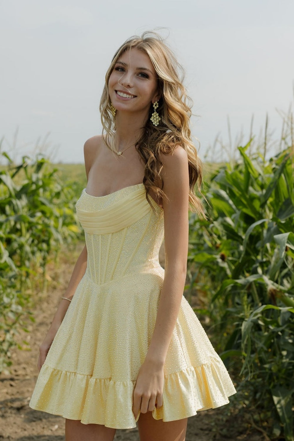 Beaded Strapless A-line Homecoming Dress with Ruffle in Yellow