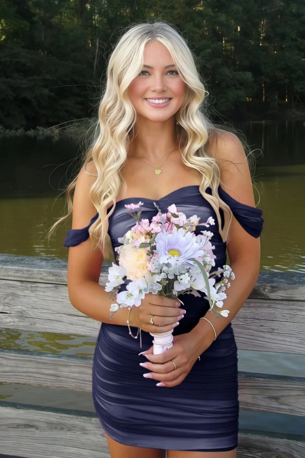 Off-the-shoulder Fitted Ruched Homecoming Dress in Gradient Pink