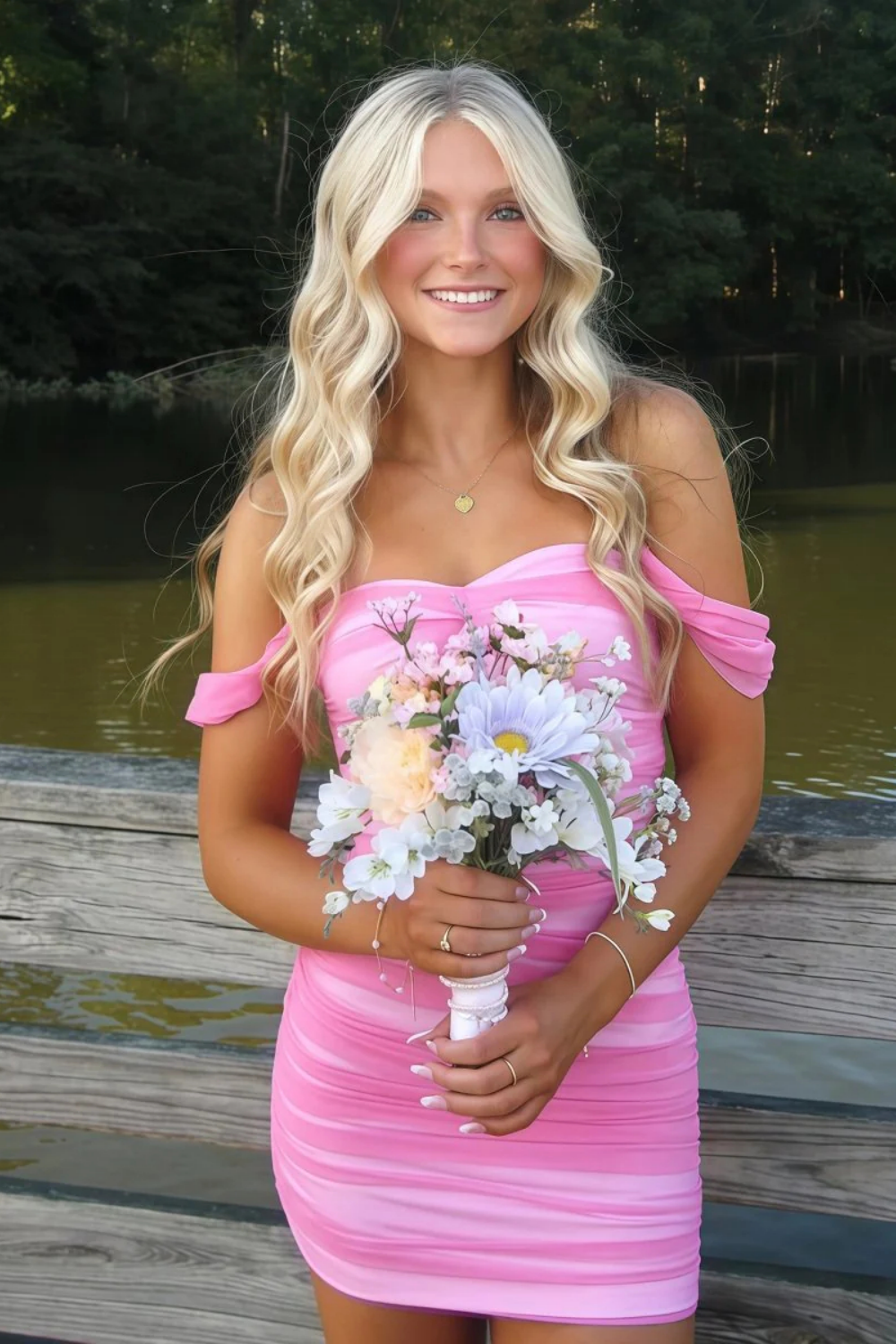 Off-the-shoulder Fitted Ruched Homecoming Dress in Gradient Pink