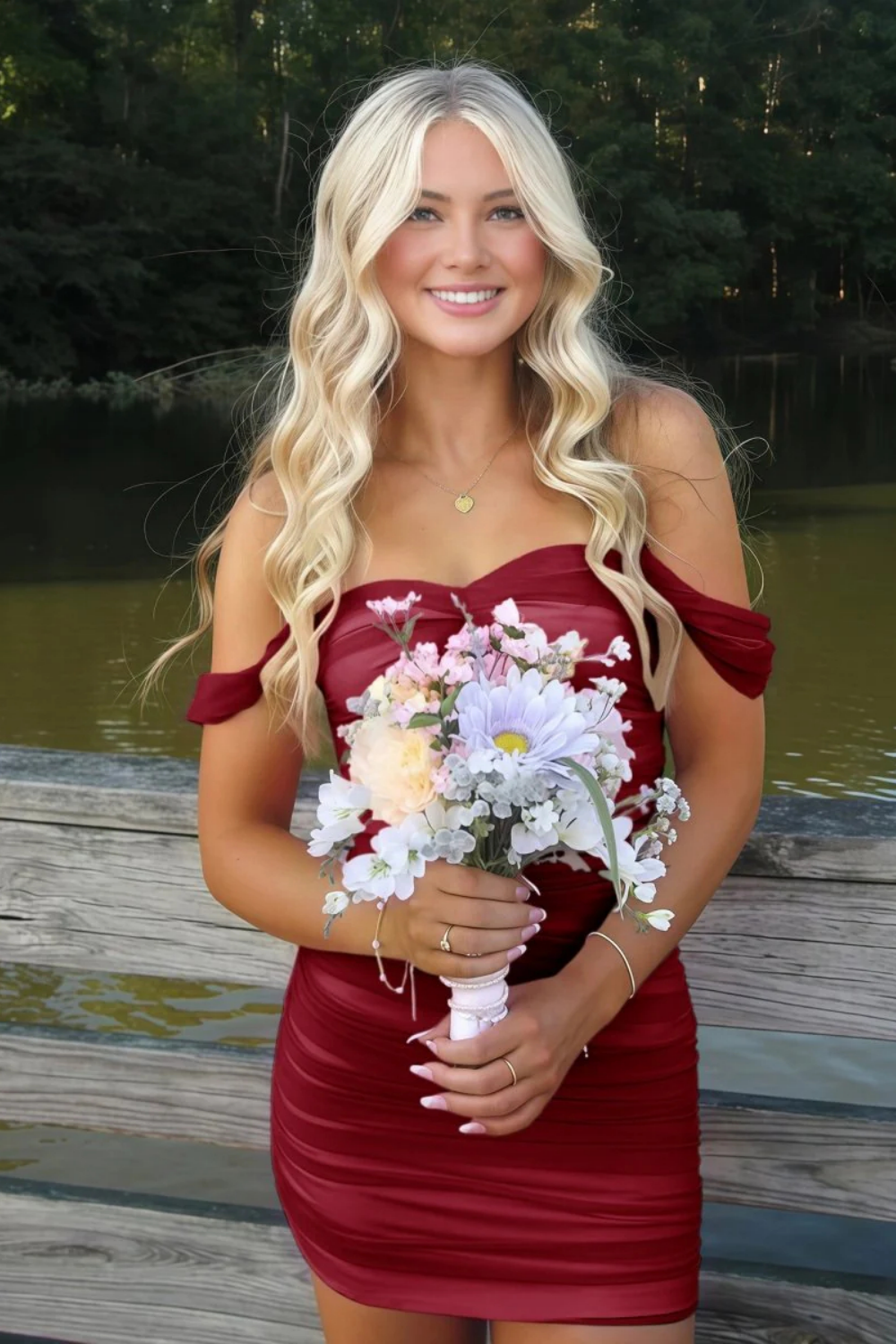 Off-the-shoulder Fitted Ruched Homecoming Dress in Gradient Pink