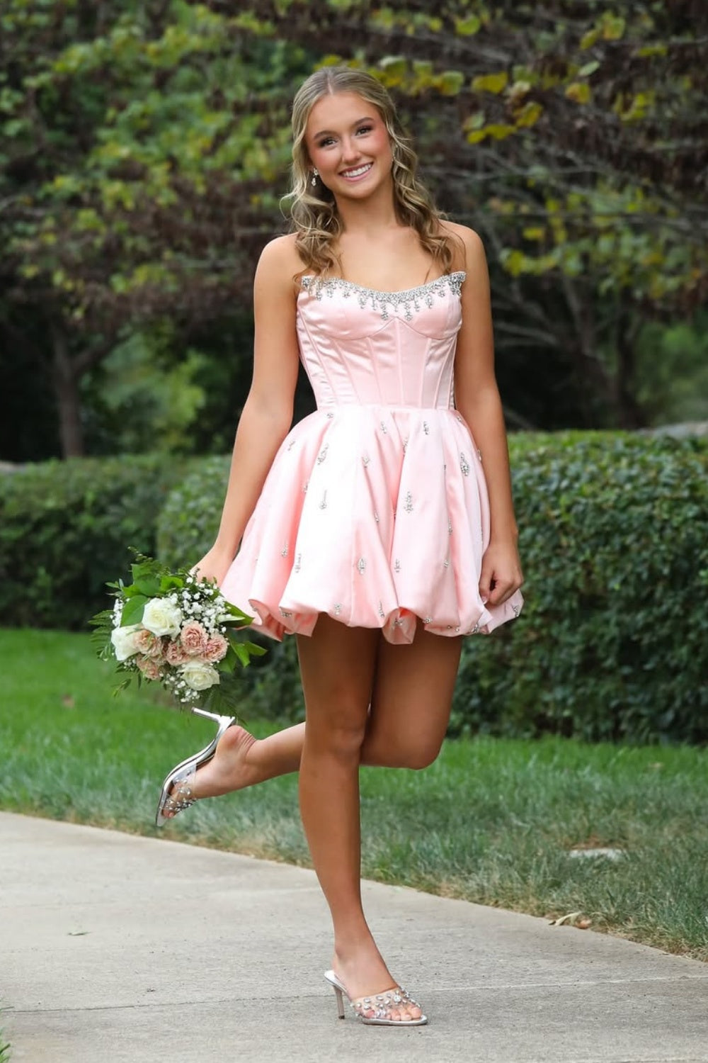Strapless Diamond A-line Homecoming Dress in Pink