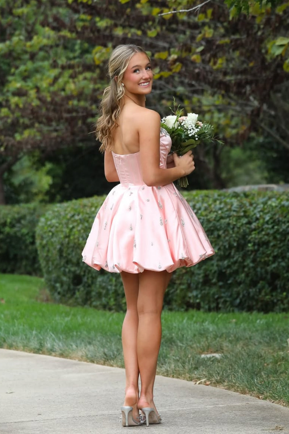 Strapless Diamond A-line Homecoming Dress in Pink