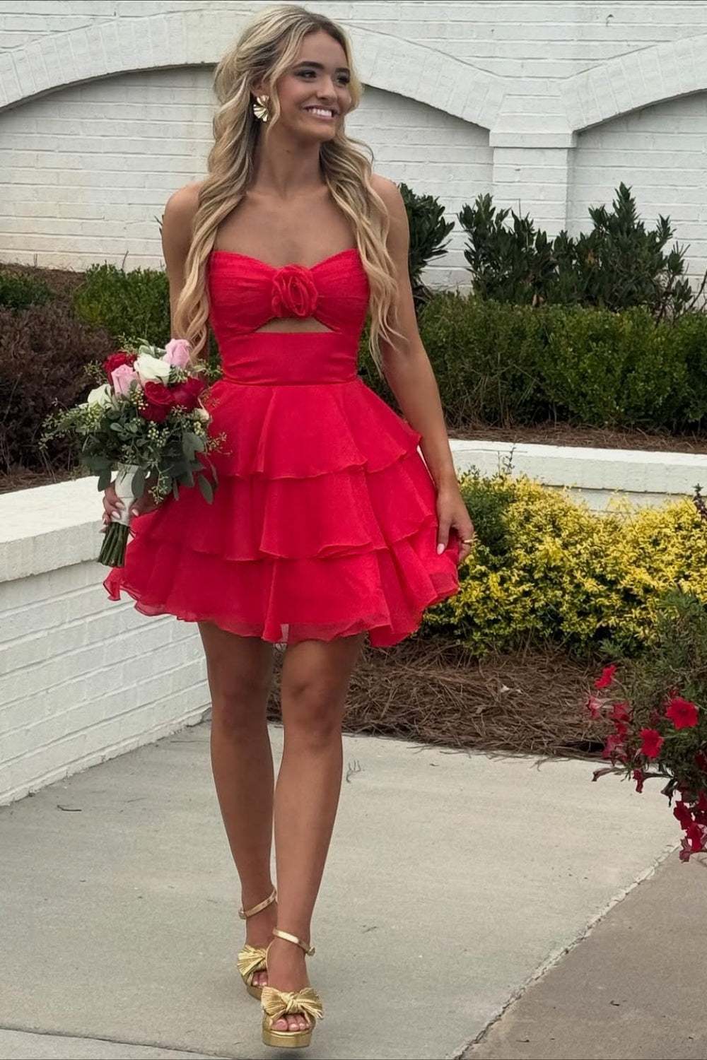 Bow A-line Ruffle Homecoming Dress with Keyhole in Red