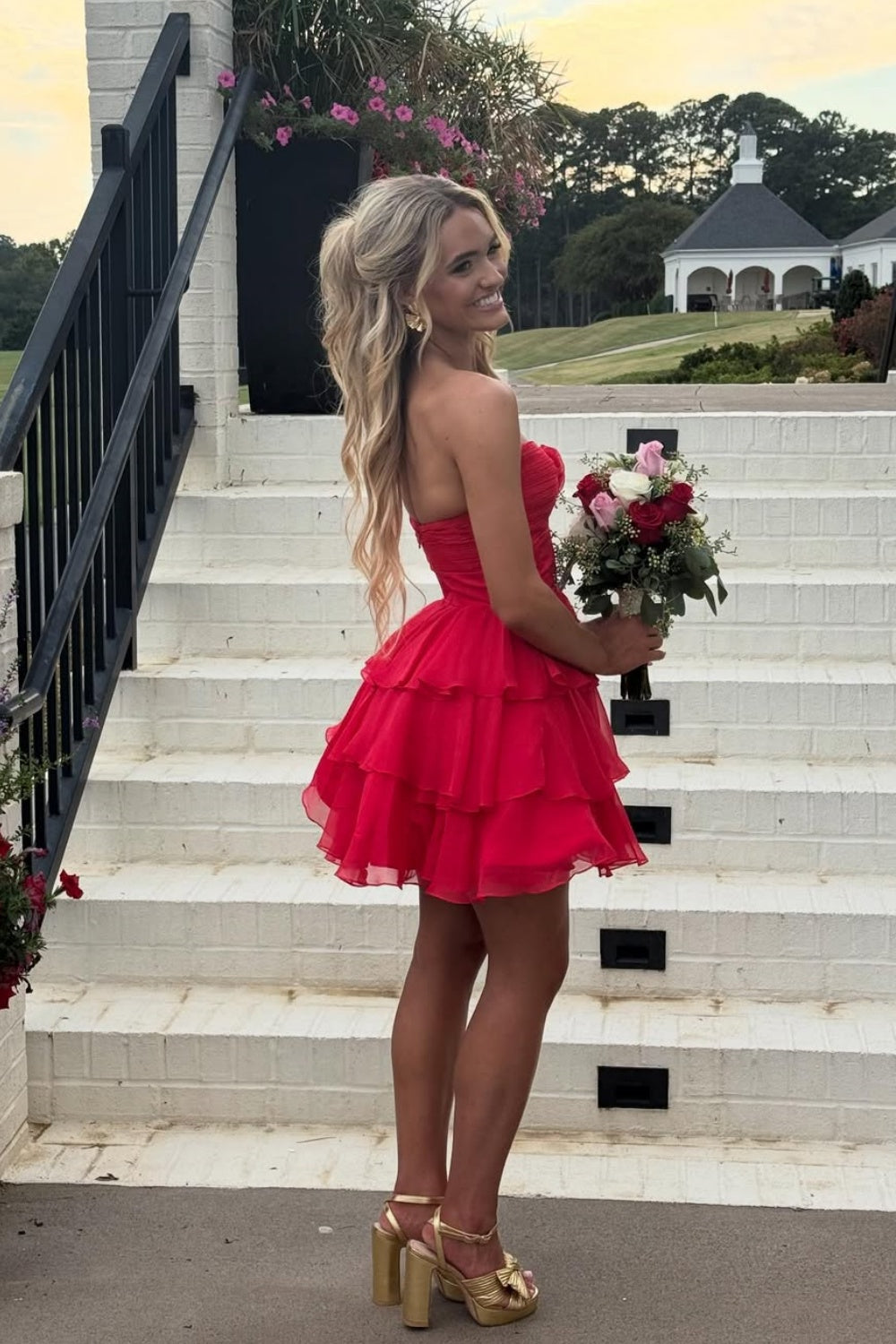 Bow A-line Ruffle Homecoming Dress with Keyhole in Red
