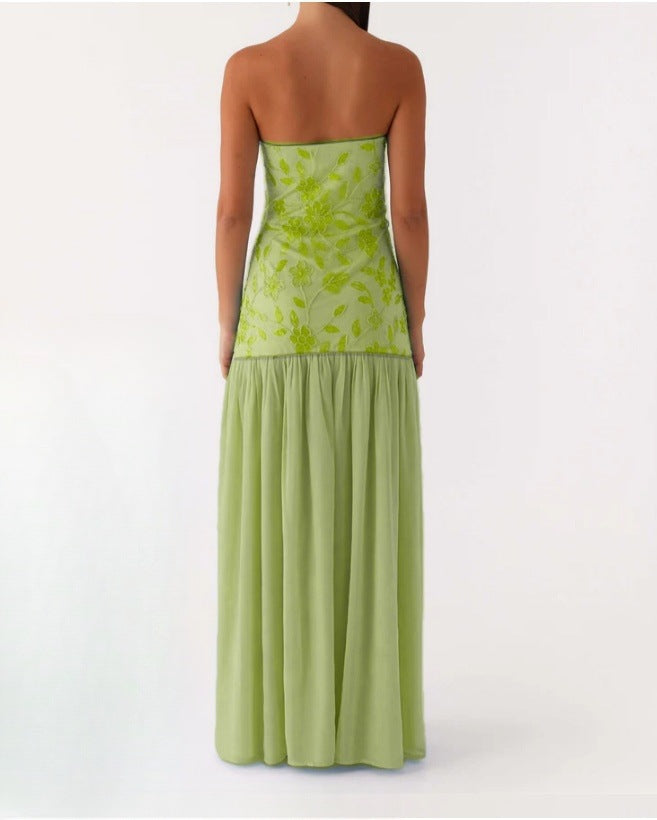 Beaded Green  Strapless Splicing Long Dress