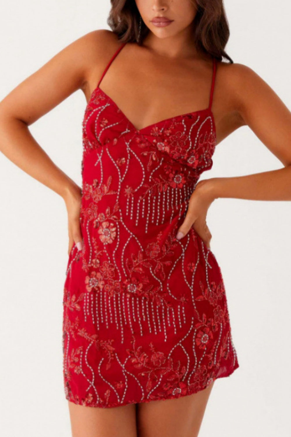 Sequin Beaded Spaghetti Straps A-line Homecoming Dress with Lace-up