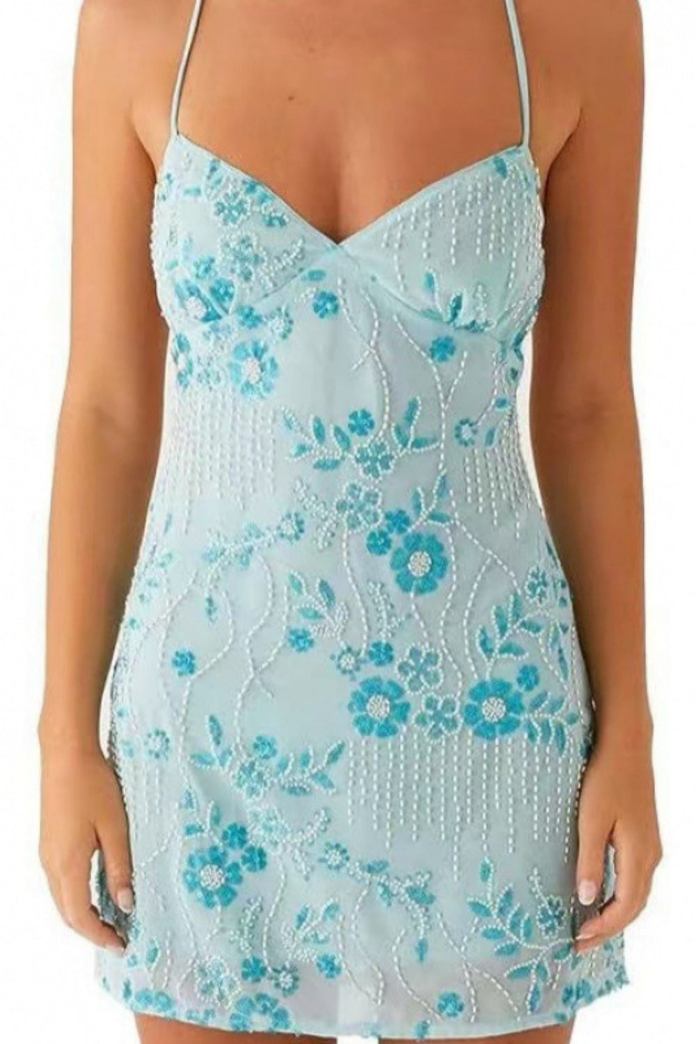 Sequin Beaded Spaghetti Straps A-line Homecoming Dress with Lace-up