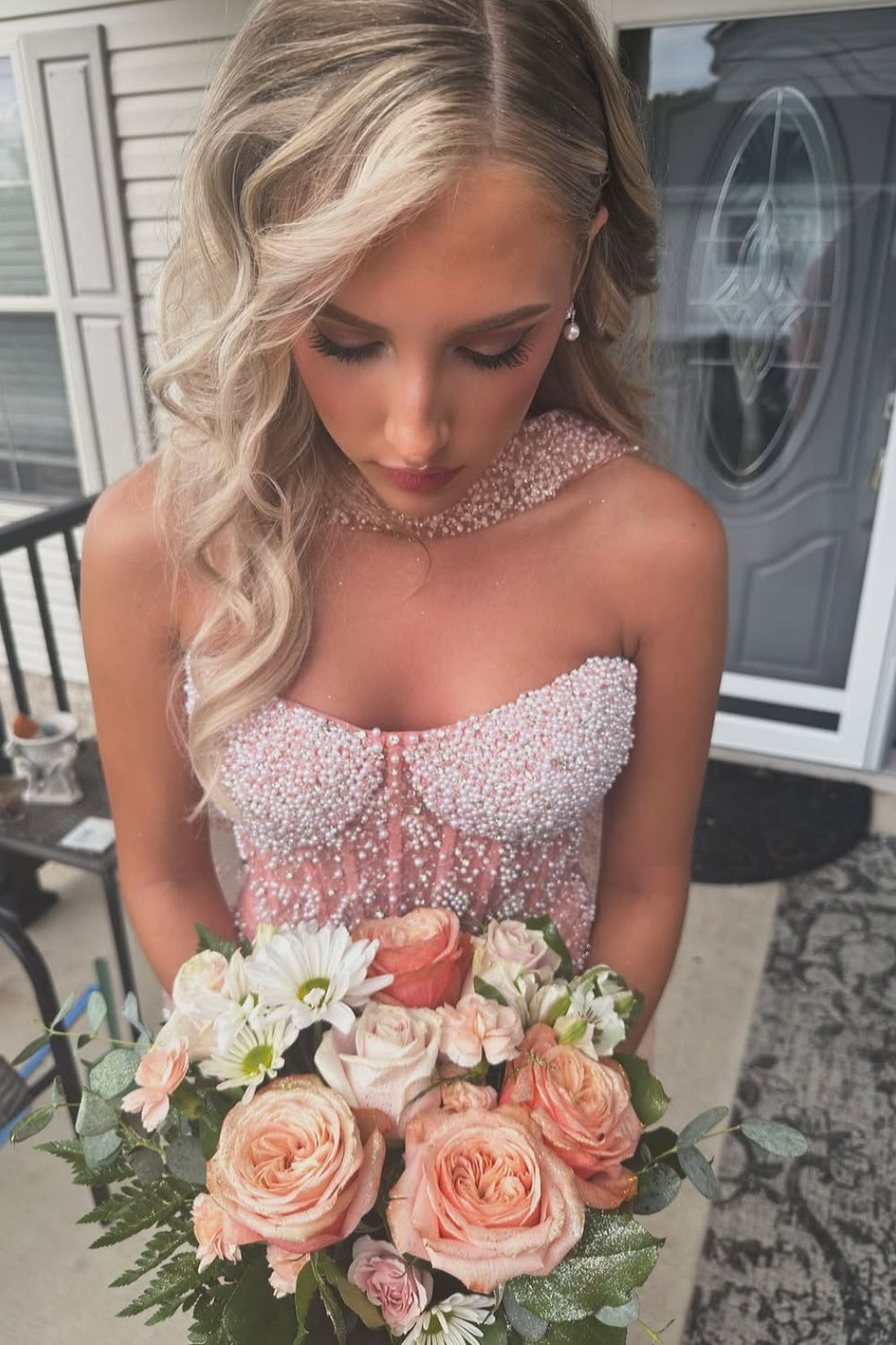 Pink Strapless Mermaid Beaded Illusion Tulle Prom Dress with Shawl