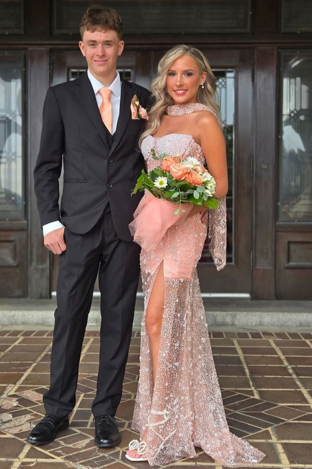 Pink Strapless Mermaid Beaded Illusion Tulle Prom Dress with Shawl