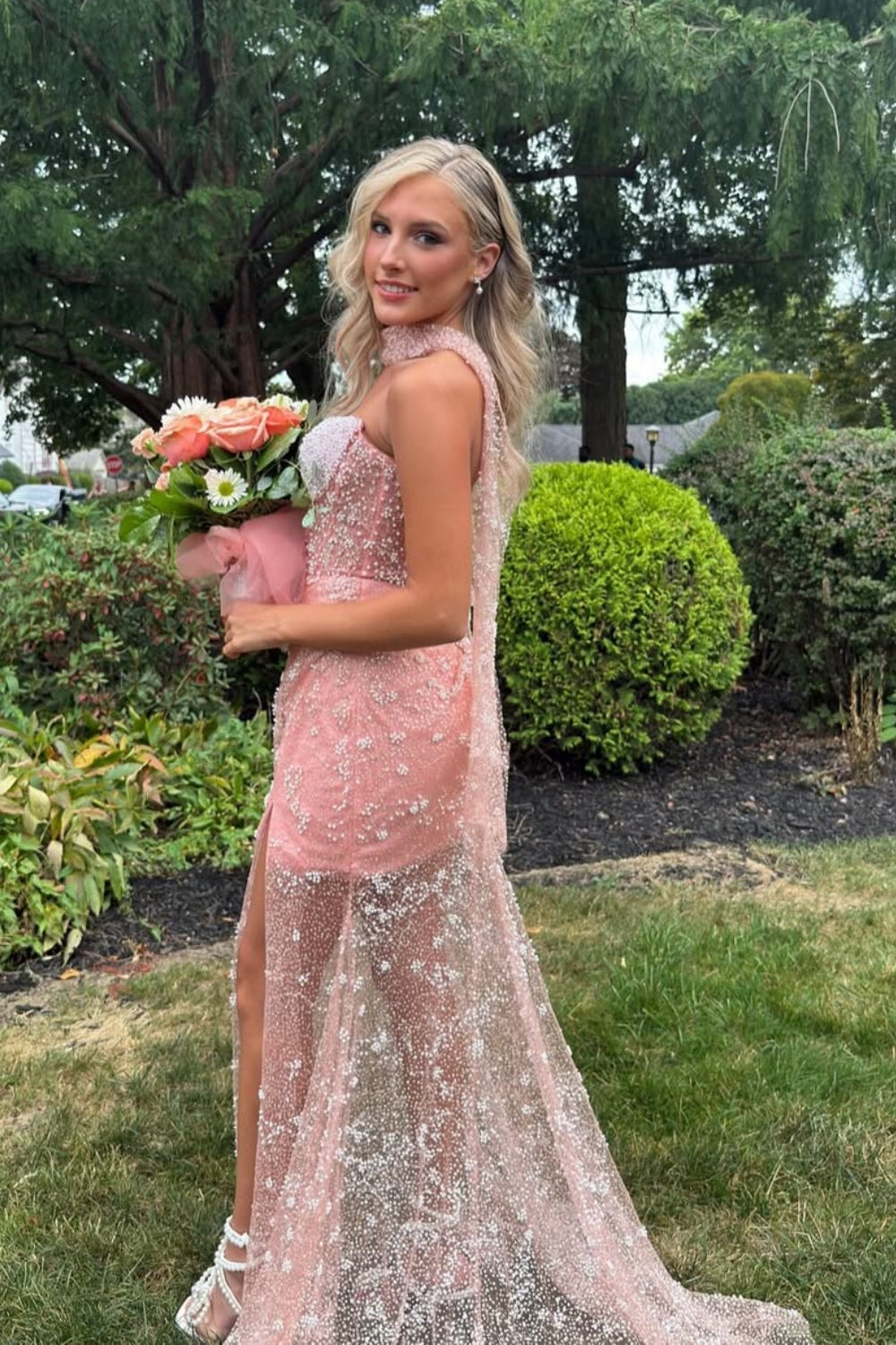 Pink Strapless Mermaid Beaded Illusion Tulle Prom Dress with Shawl