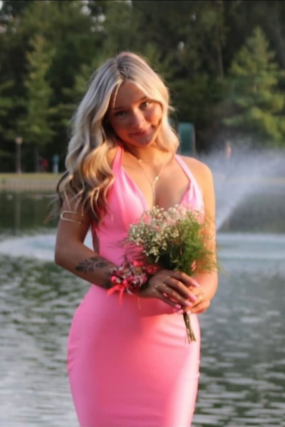 Halter Pink V-neck Mermaid Seductive Open Back Prom Dress