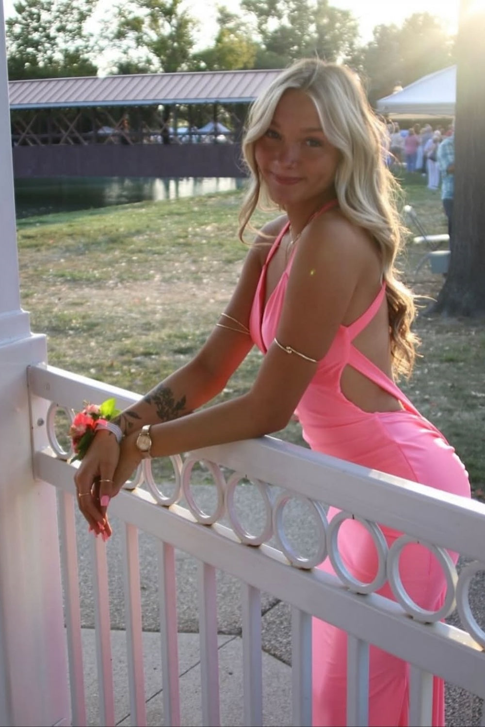 Halter Pink V-neck Mermaid Seductive Open Back Prom Dress