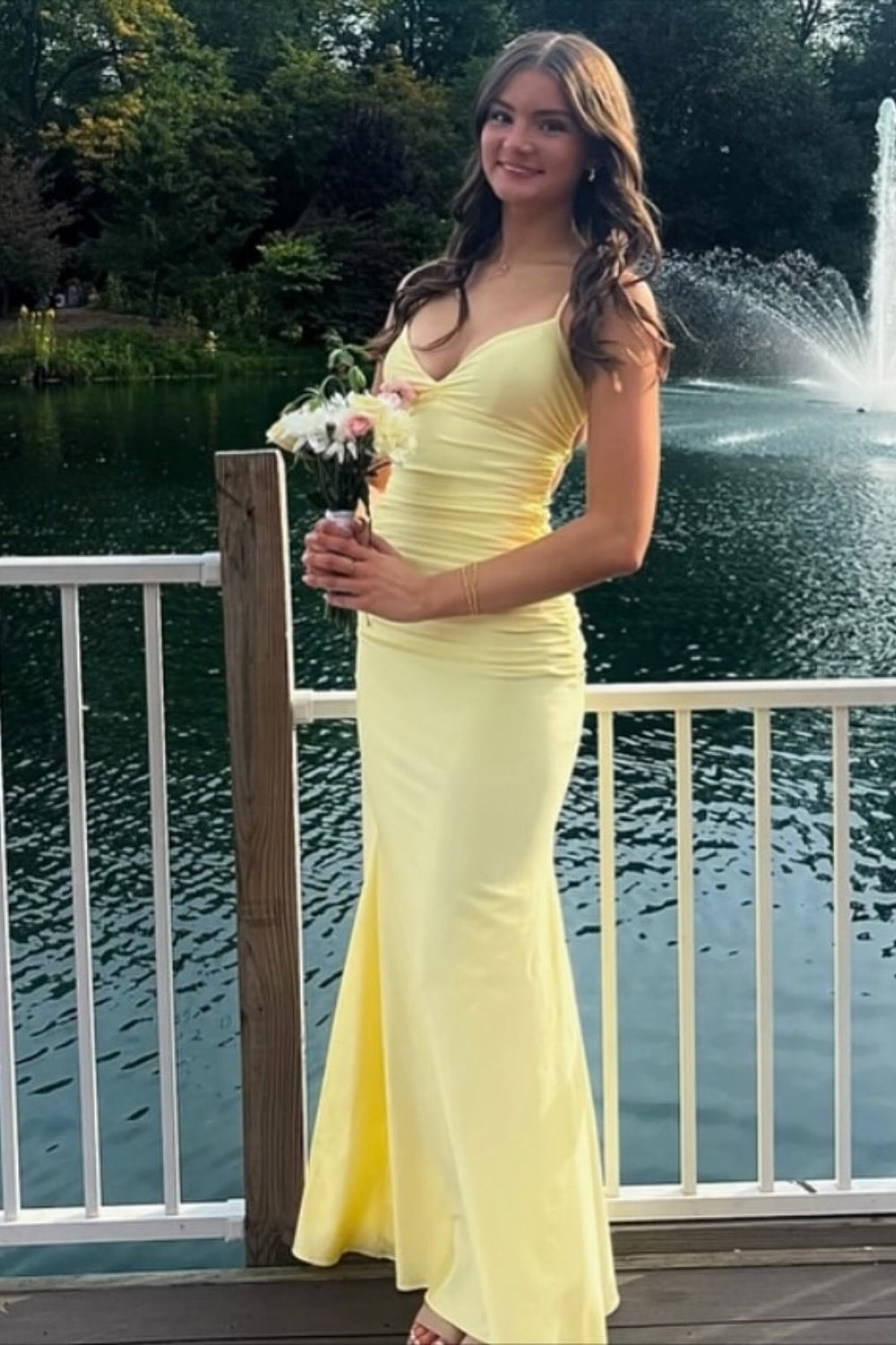 Yellow Spghetti Straps Mermaid Ruched Prom Dress with Lace-up