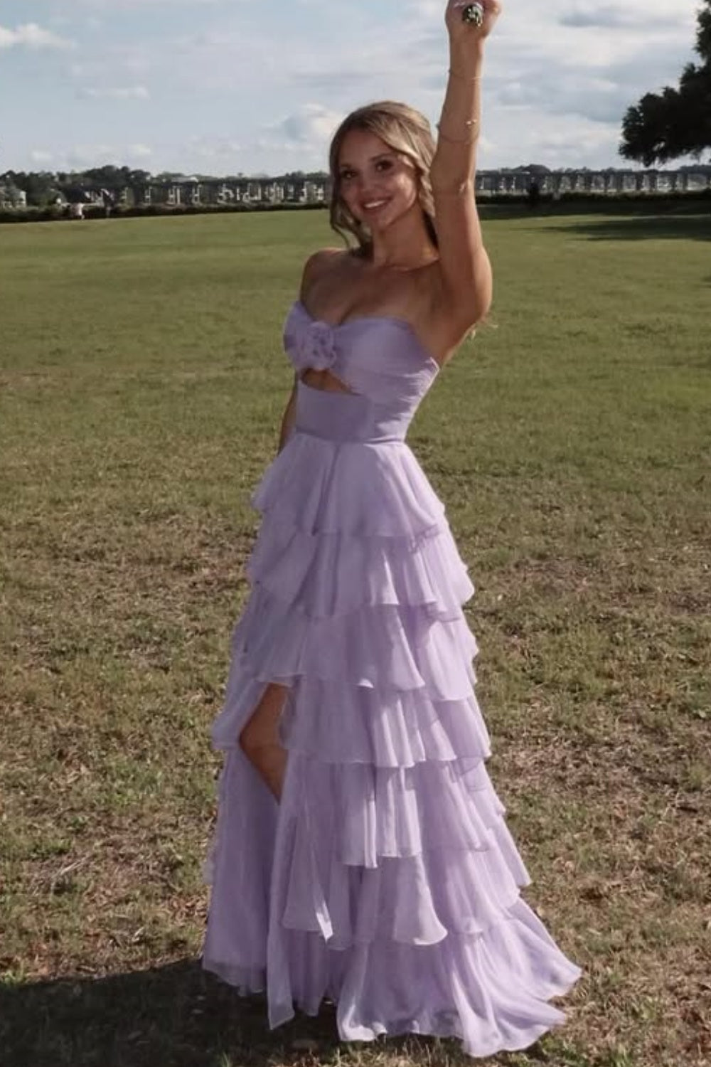 Lavender Strapless A-line Ruffle Prom Dress with Keyhole