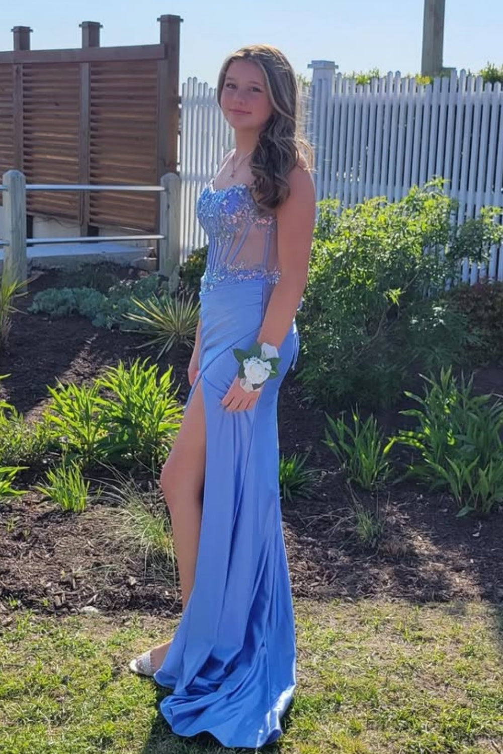 Blue Strapless Diamond Mermaid Prom Dress with Slit