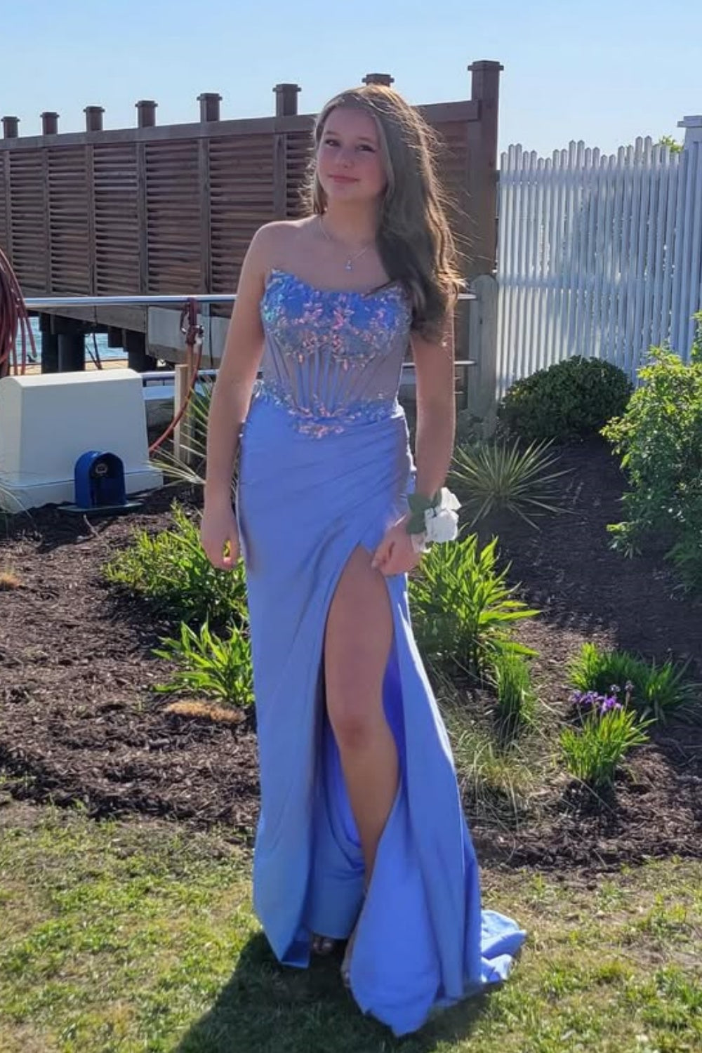 Blue Strapless Diamond Mermaid Prom Dress with Slit