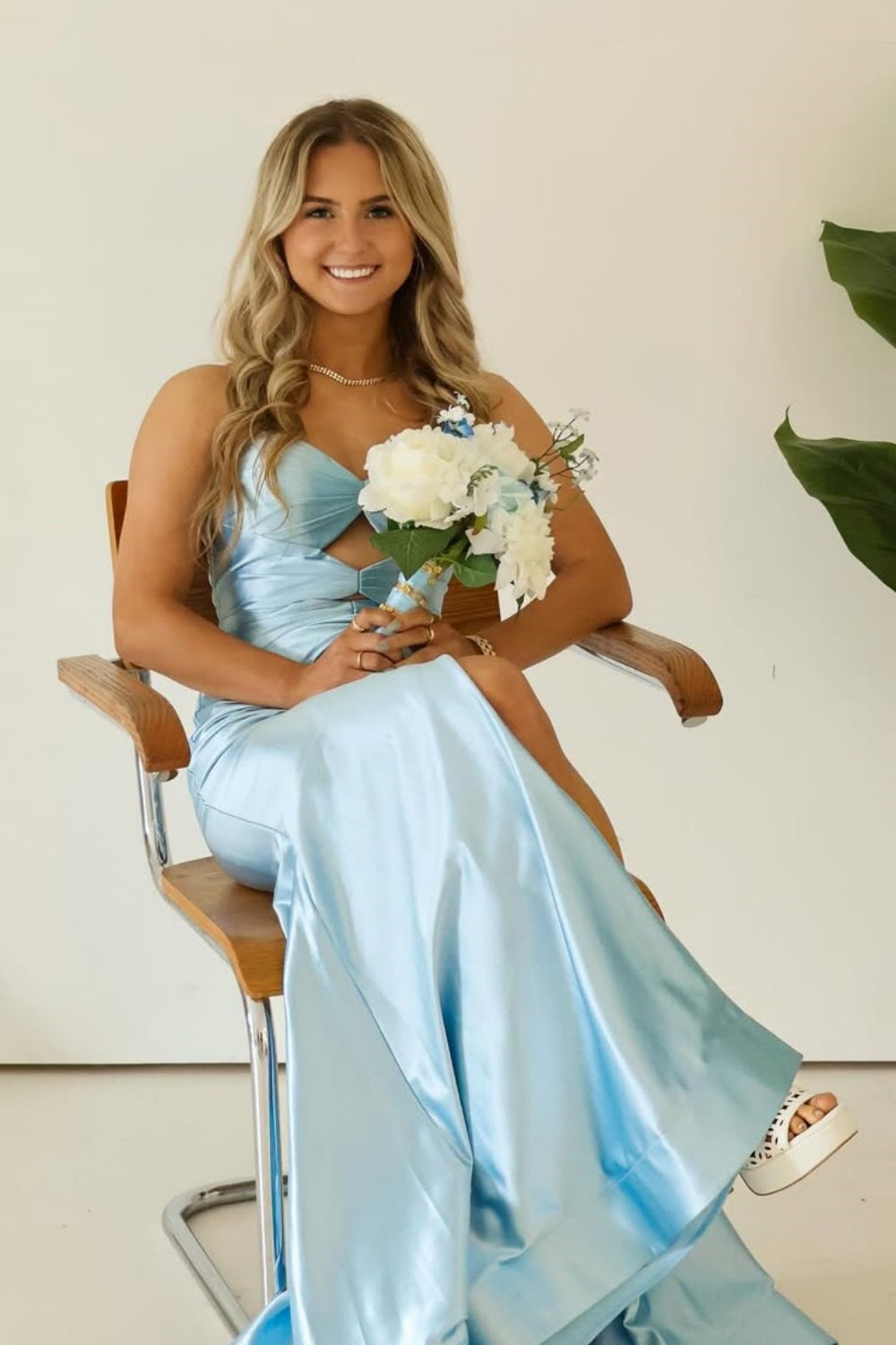 Keyhole Strapless Mermaid Light Blue Prom Dress with Slit