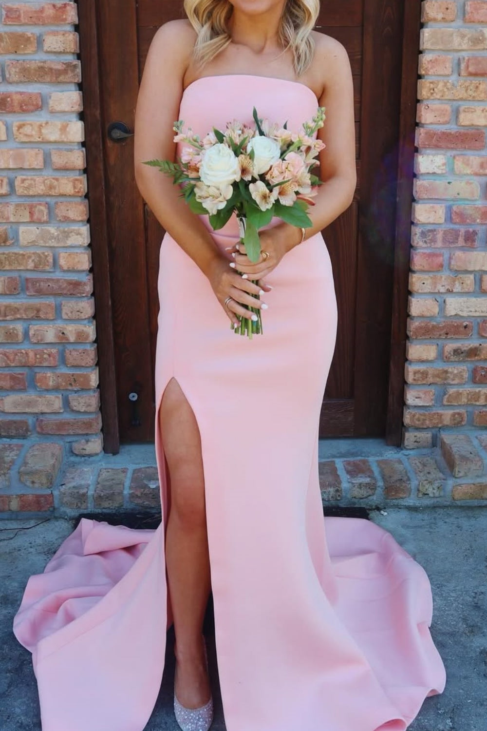 Mermaid Pink Long Strapless Ruched Prom Dress with Slit