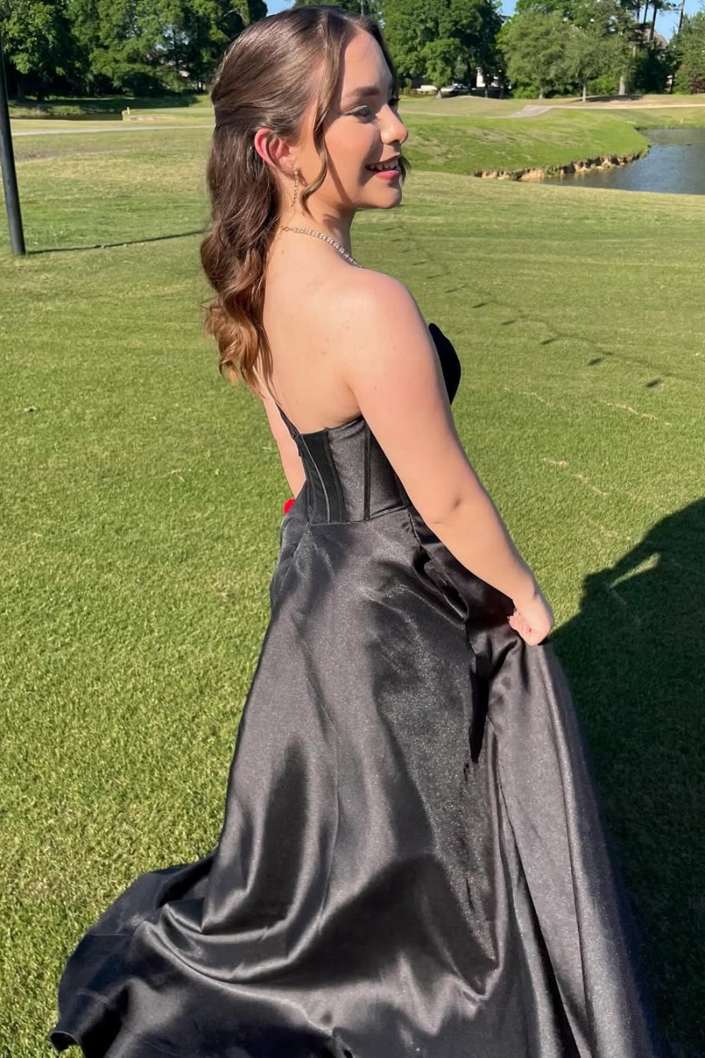 Plunging V-neck Black A-line Prom Dress with Slit