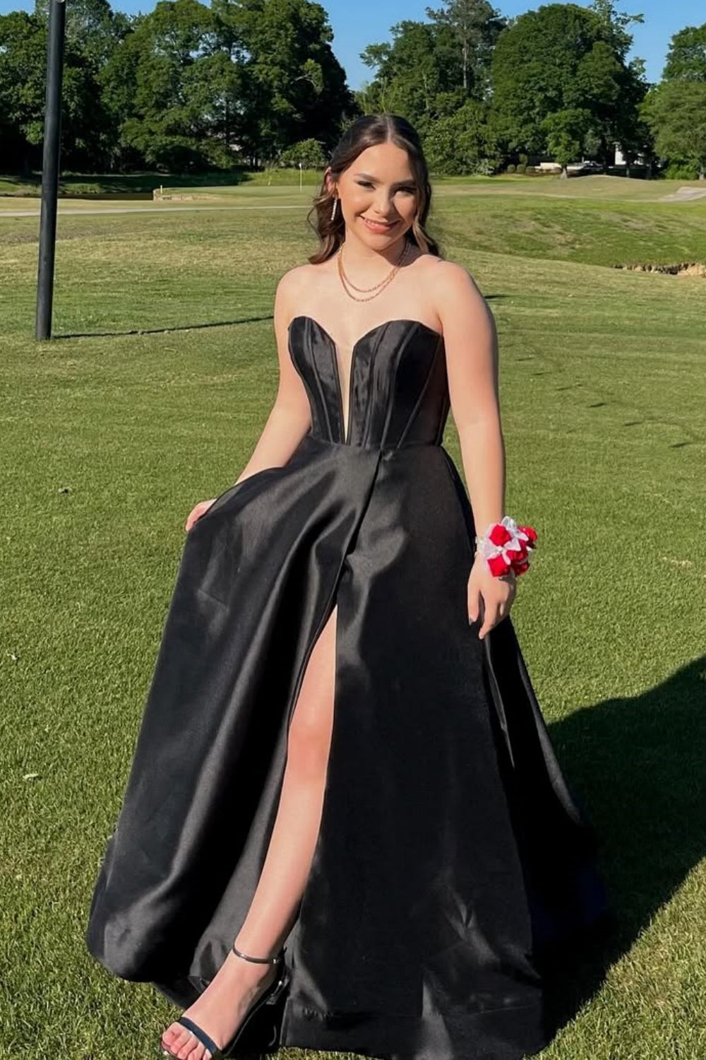 Plunging V-neck Black A-line Prom Dress with Slit