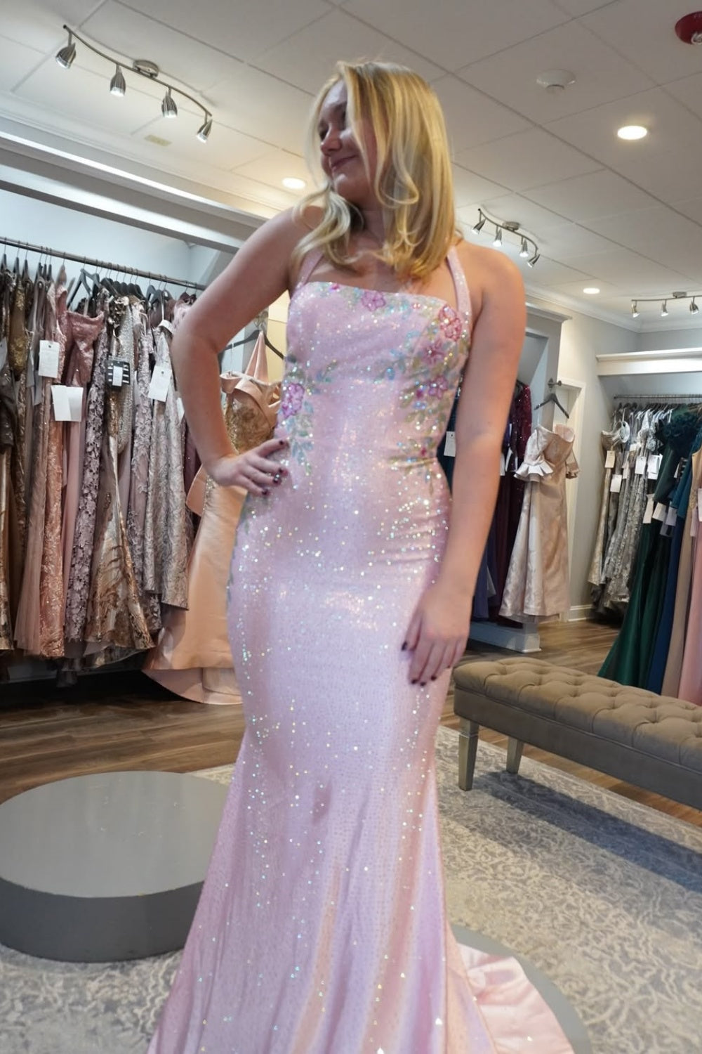 Halter Sequin Beaded Flower Print Mermaid Prom Dress with Lace-up