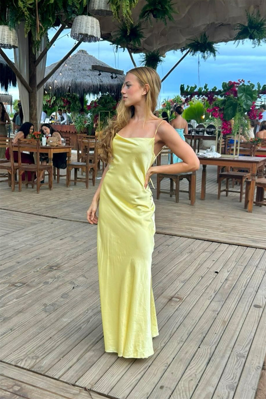 Yellow Spaghetti Straps Yellow Satin Long Prom Dress with Lash-up