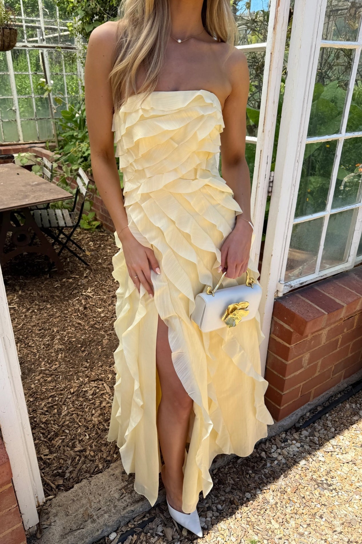 Strapless A-line Yellow Ruffled Prom Dress with Slit