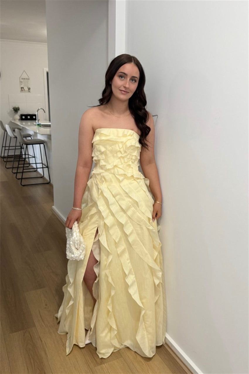 Strapless A-line Yellow Ruffled Prom Dress with Slit