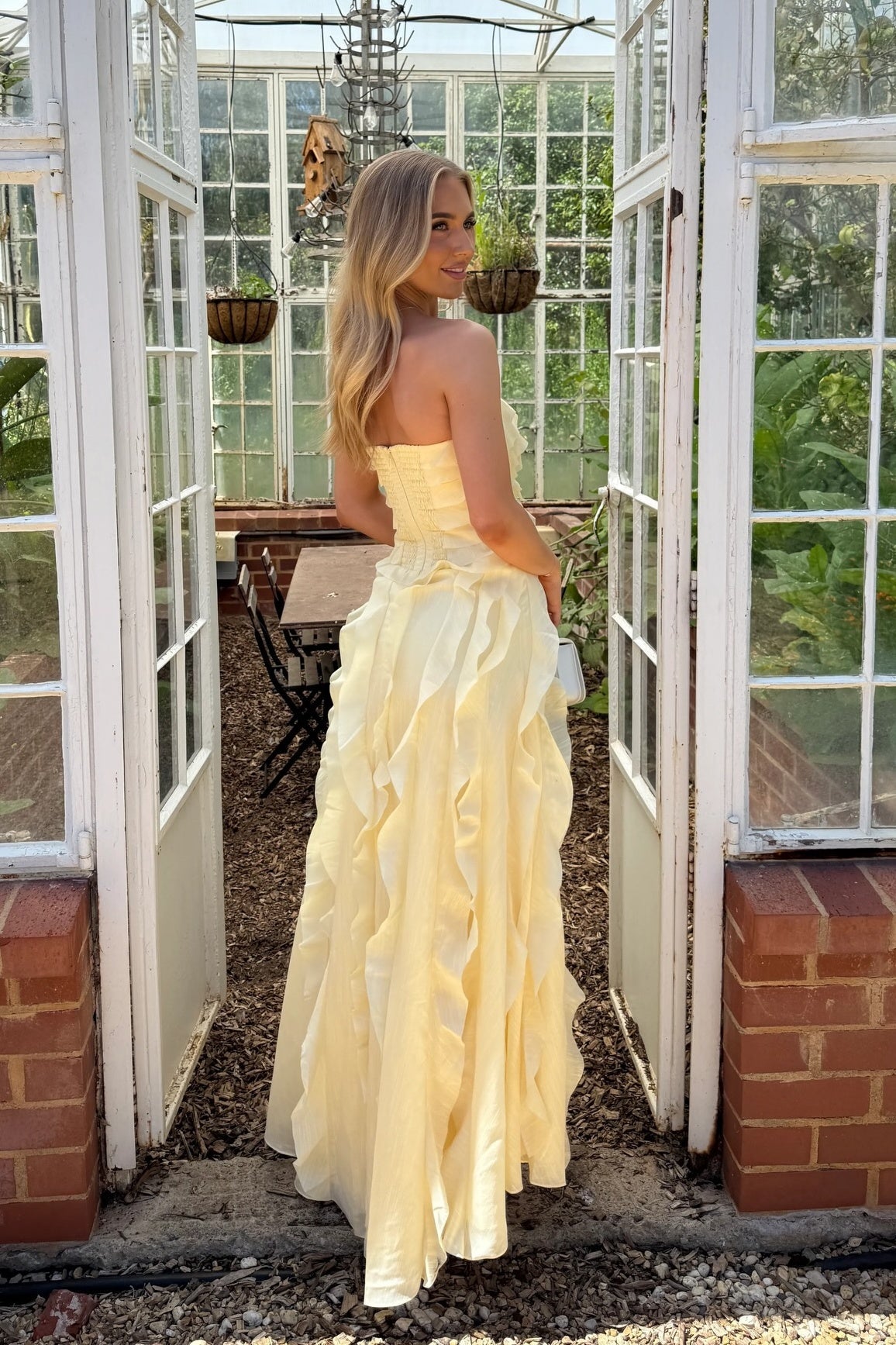 Strapless A-line Yellow Ruffled Prom Dress with Slit
