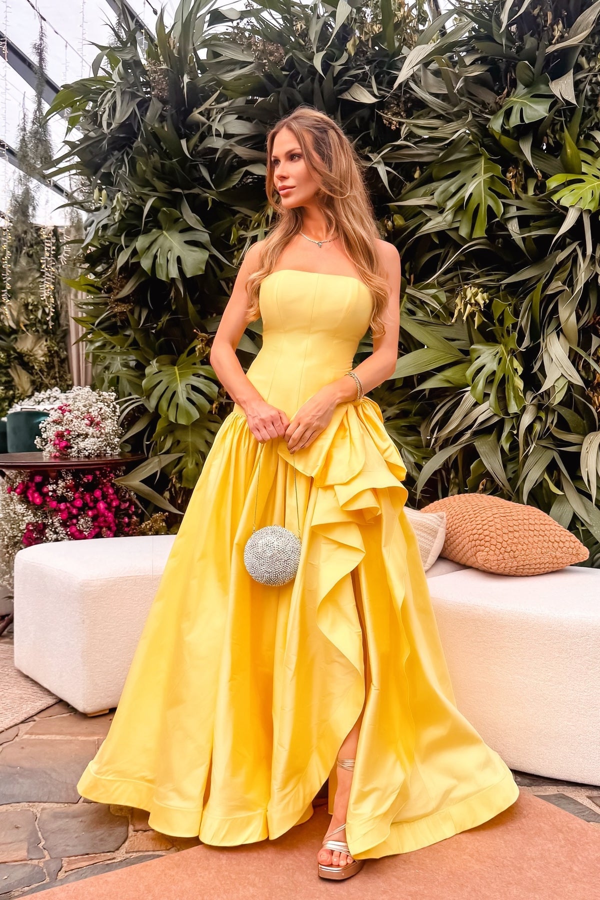 Yellow Strapless A-line Side Slit Prom Dress with Ruffle