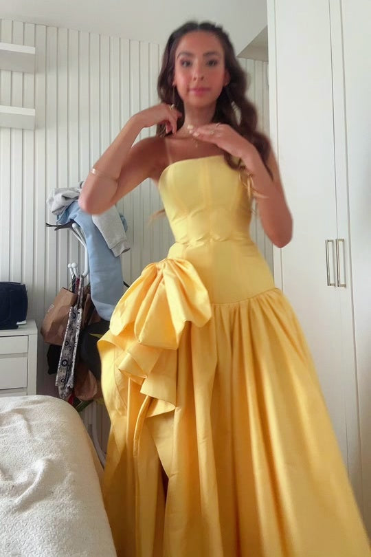 Yellow Strapless A-line Side Slit Prom Dress with Ruffle