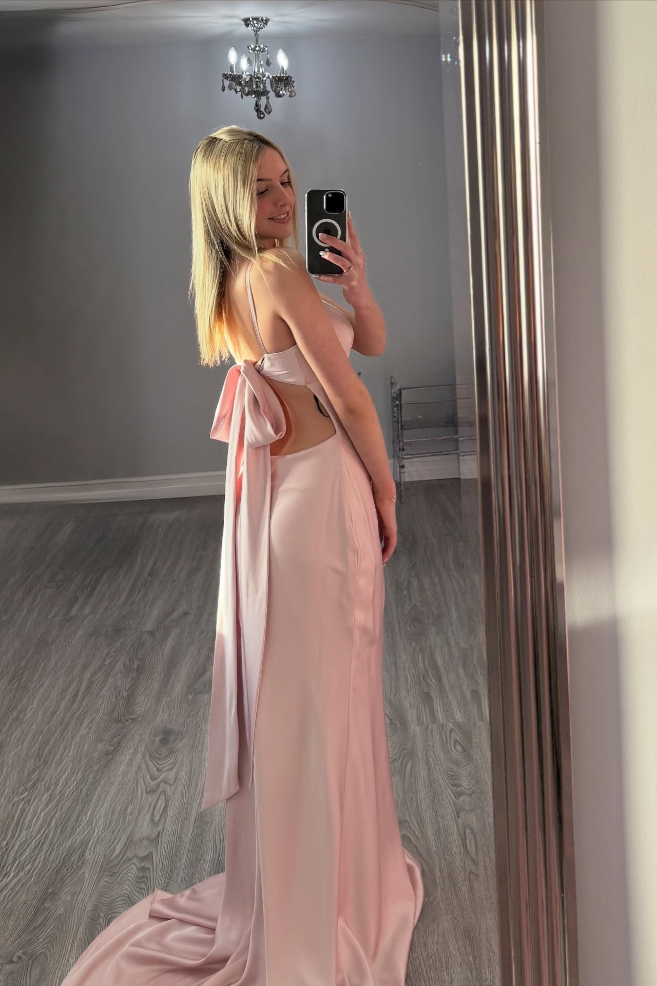 V-neck Light Pink Back Tie Mermaid Prom Dress