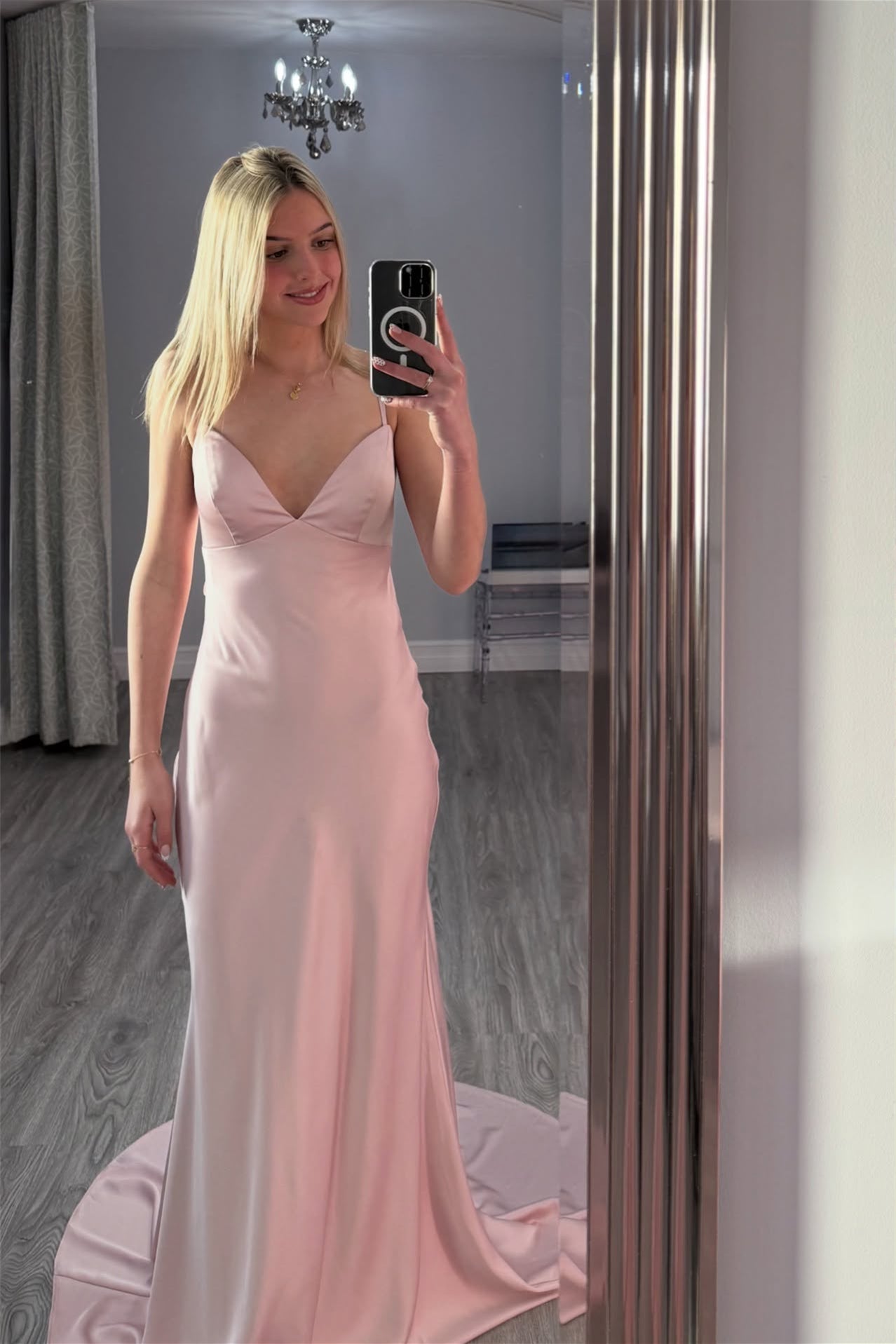 V-neck Light Pink Back Tie Mermaid Prom Dress