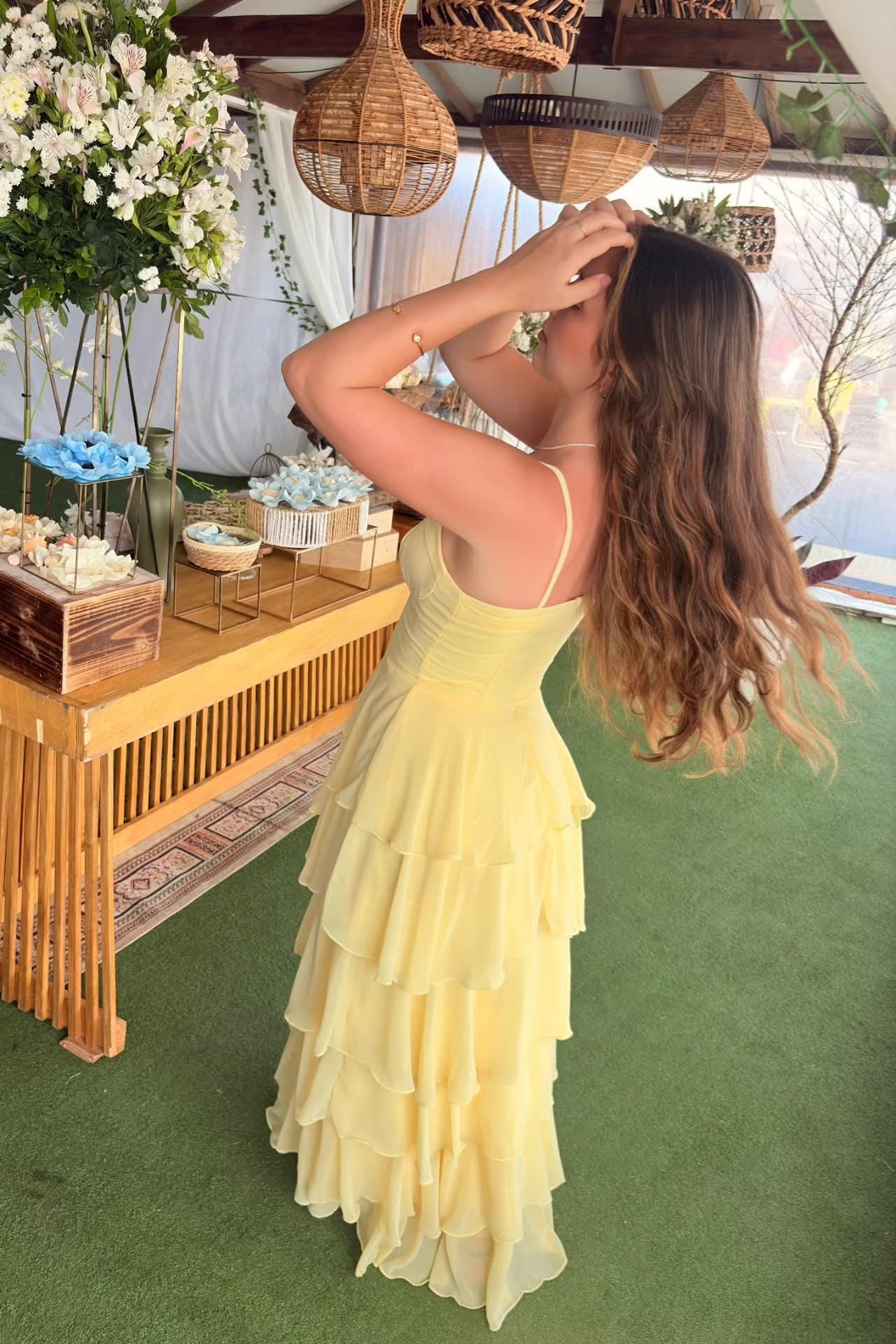 Chiffon Yellow Spaghetti Straps A-line Ruffle Prom Dress