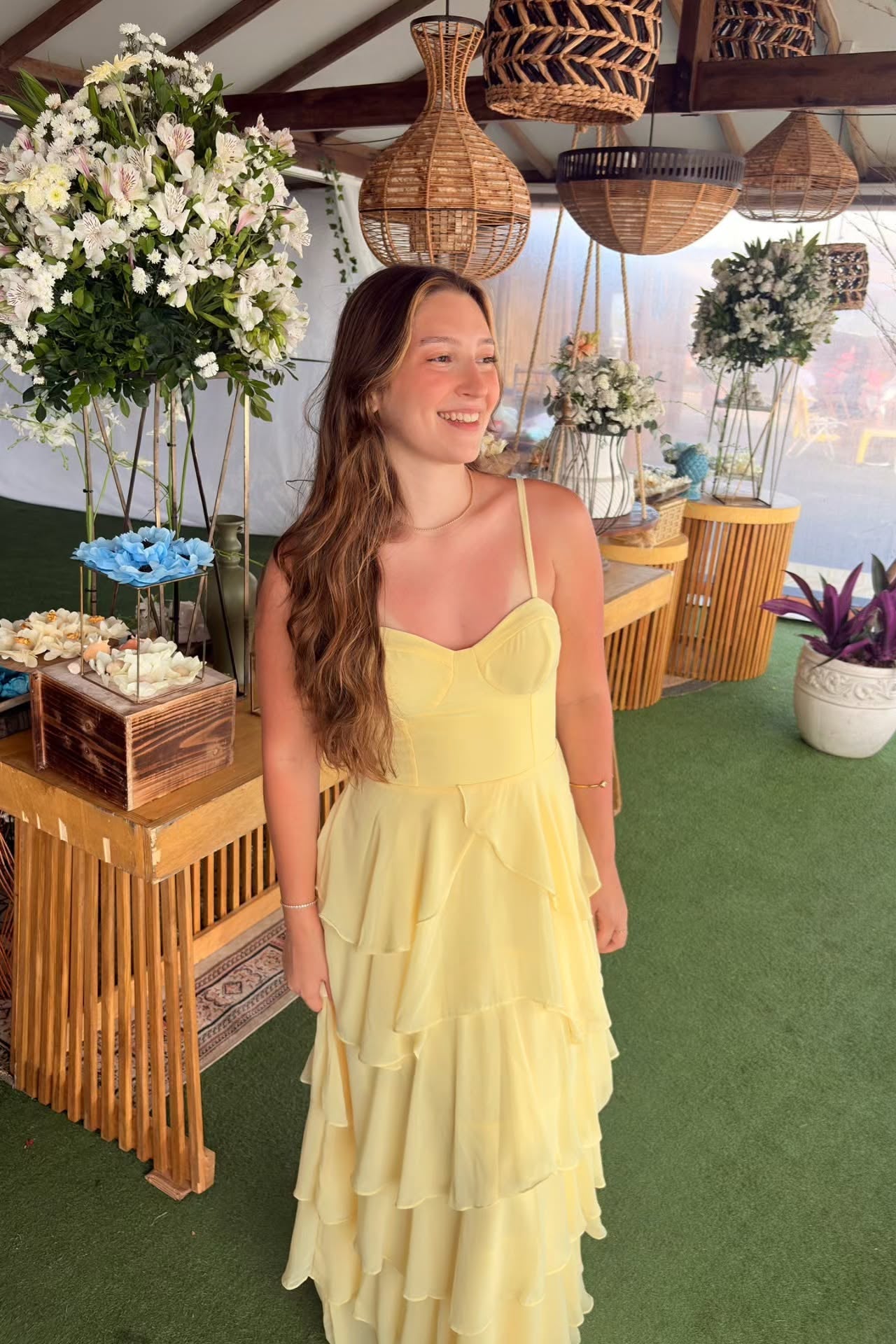 Chiffon Yellow Spaghetti Straps A-line Ruffle Prom Dress