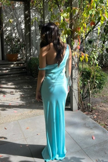 One-shoulder Aqua Fitted Long Prom Dress