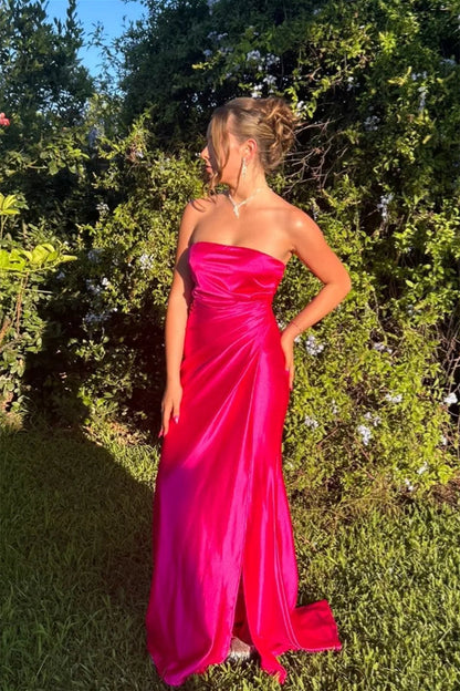 Fuchsia Strapless Ruched Mermaid Prom Dress with Slit