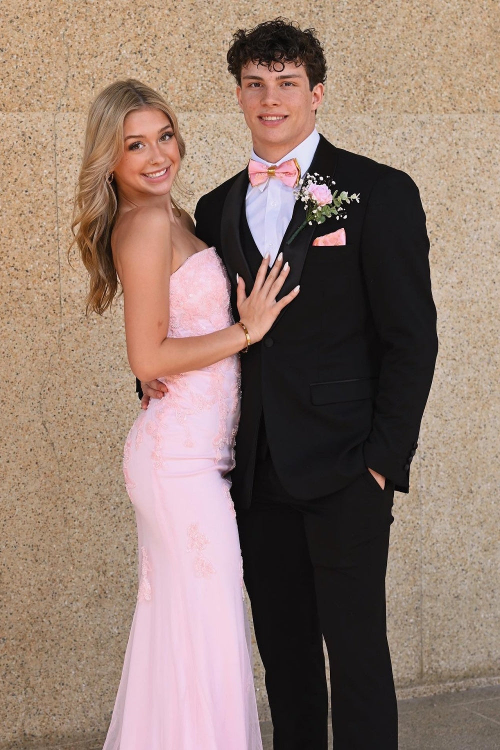 Pink Lace Appliques Sequin Fitted Strapless Prom Dress