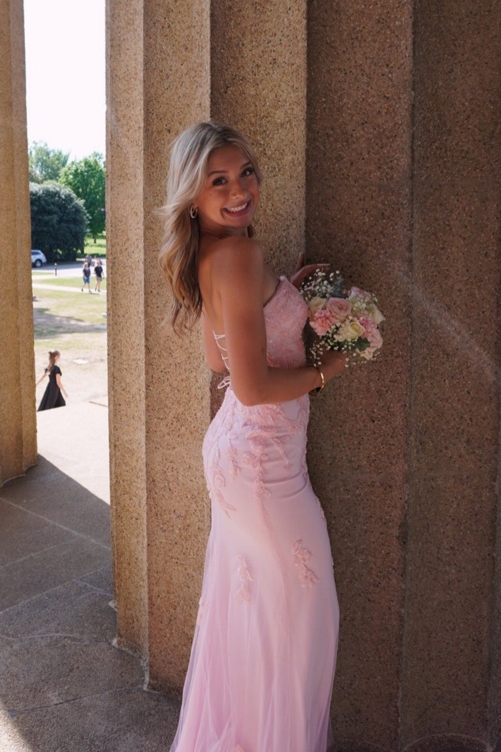 Pink Lace Appliques Sequin Fitted Strapless Prom Dress Tailordea Pink Lace Appliques Sequin Fitted Strapless Prom Dress Tailordea
