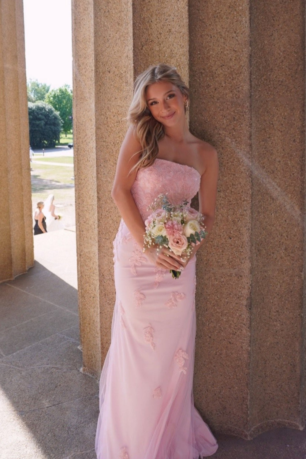 Pink Lace Appliques Sequin Fitted Strapless Prom Dress