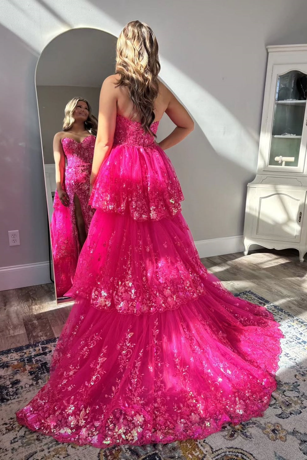 Bright Pink A-line Ruffle Sequin Sweetheart Prom Dress with Slit Tailordea Bright Pink A-line Ruffle Sequin Sweetheart Prom Dress with Slit Tailordea