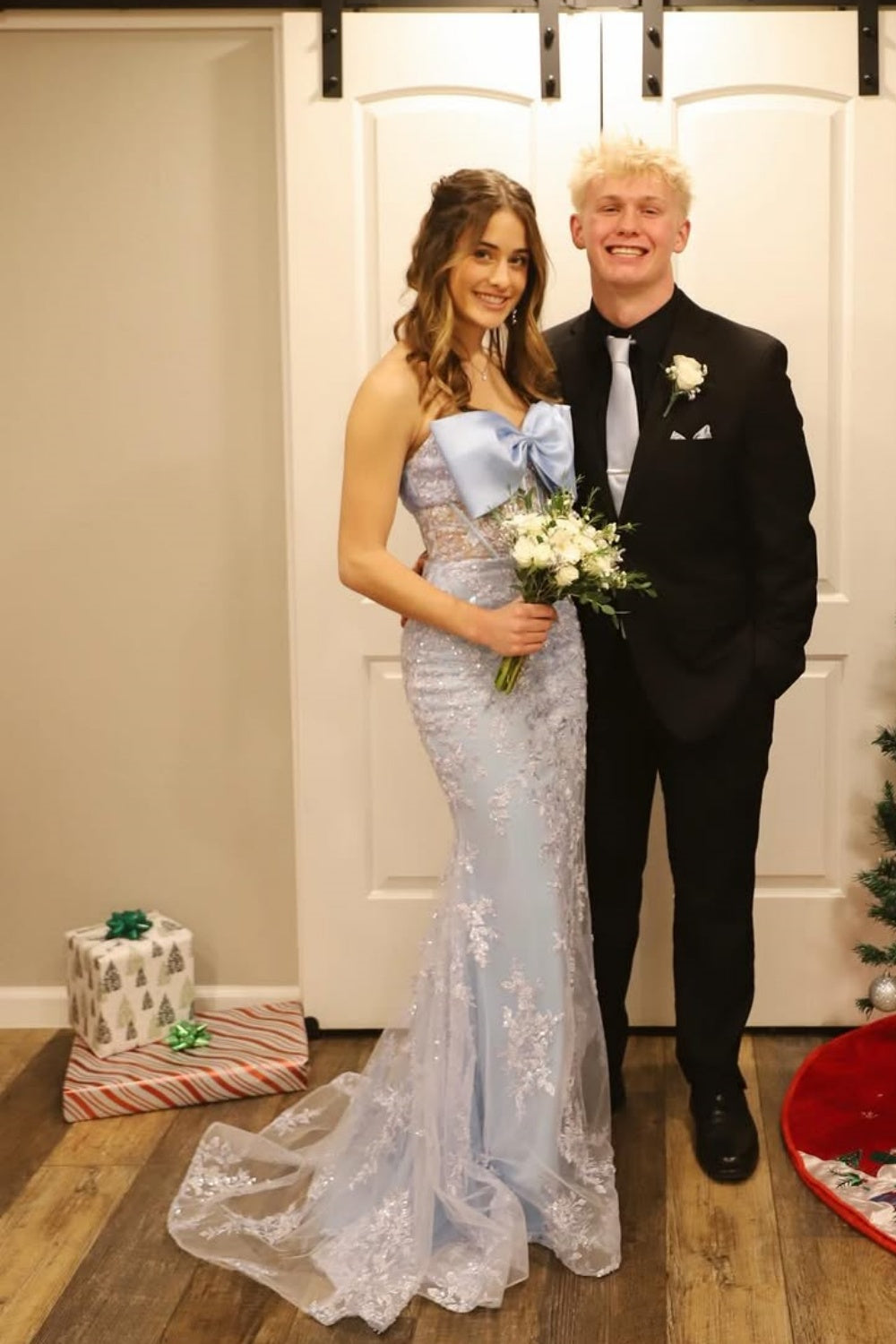 Front Bow Mermaid Appliques Illusion Light Blue Prom Dress – Tailordea