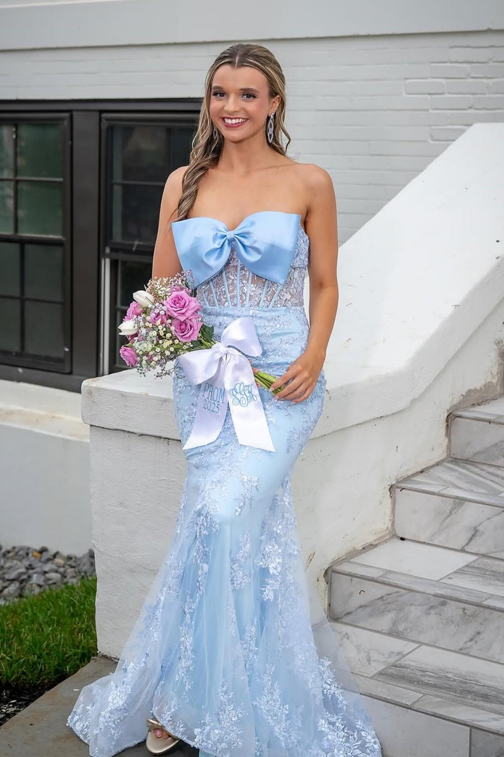 Front Bow Mermaid Appliques Illusion Light Blue Prom Dress Tailordea Front Bow Mermaid Appliques Illusion Light Blue Prom Dress Tailordea