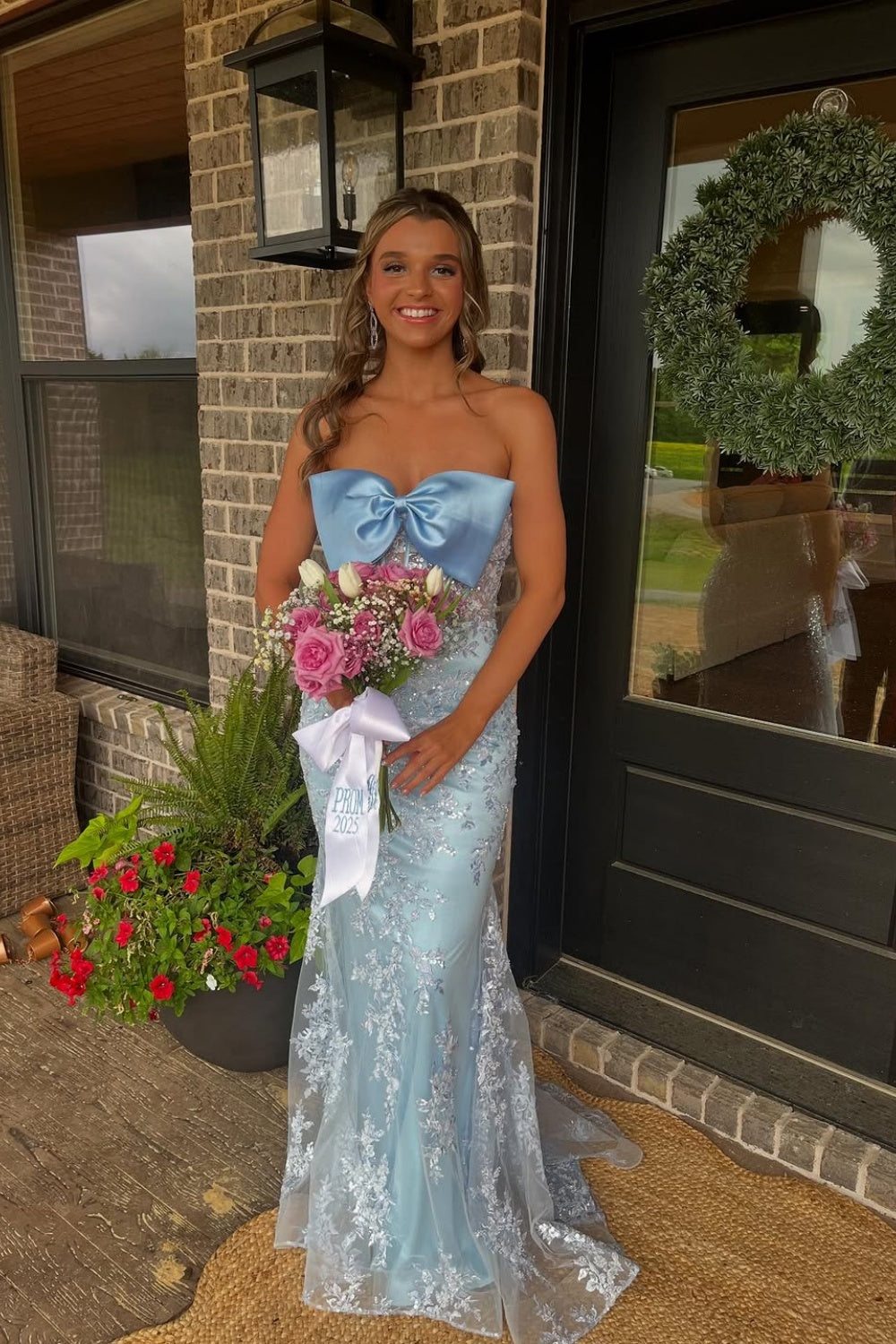 Front Bow Mermaid Appliques Illusion Light Blue Prom Dress – Tailordea