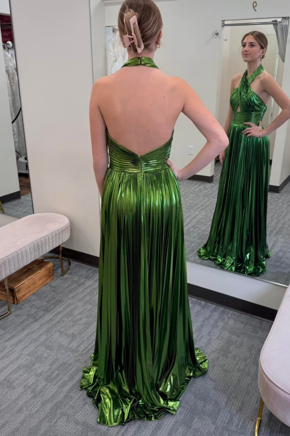 Metallic Green Halter Pleated A-line Prom Dress with Slit Tailordea Metallic Green Halter Pleated A-line Prom Dress with Slit Tailordea