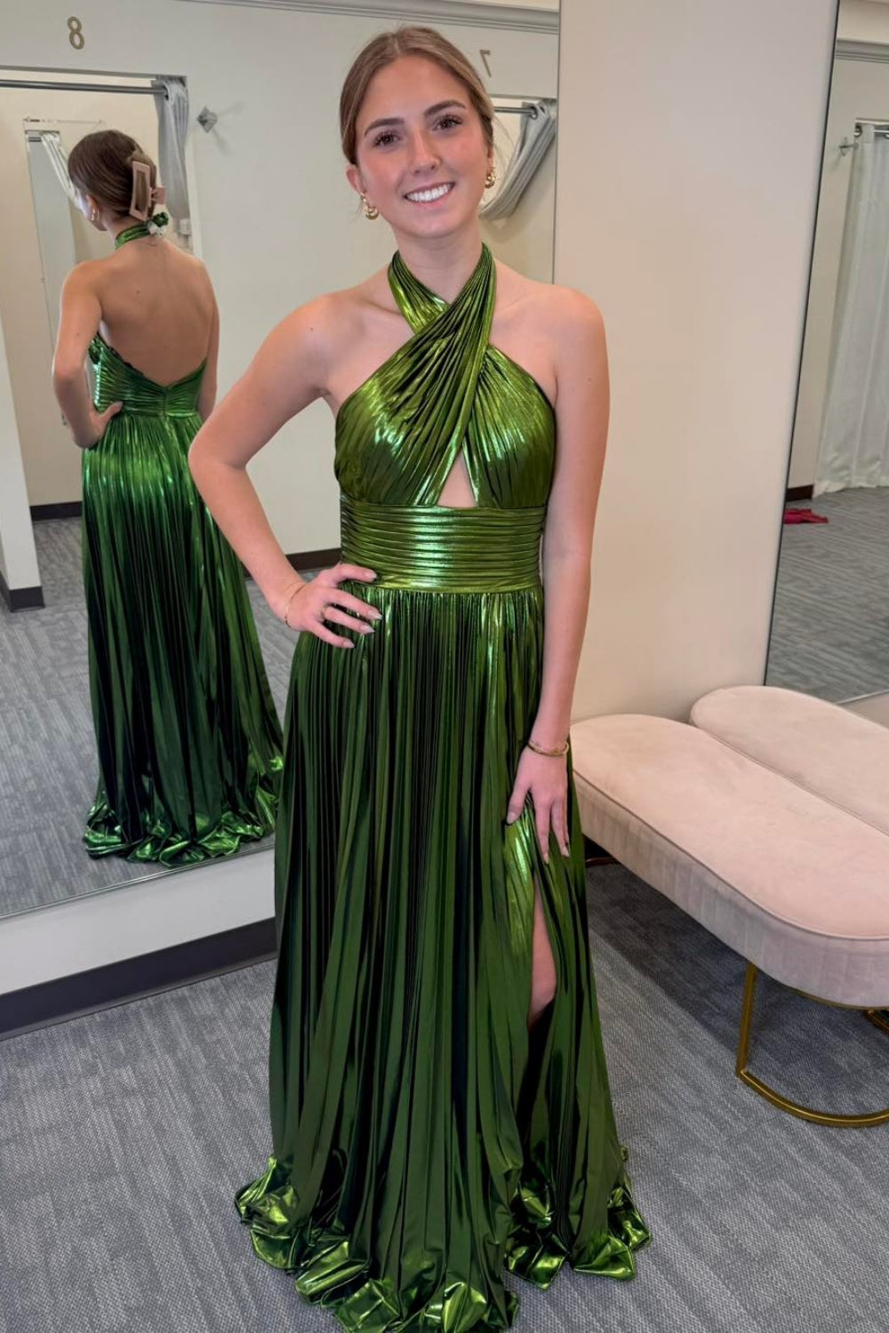 Metallic Green Halter Pleated A-line Prom Dress