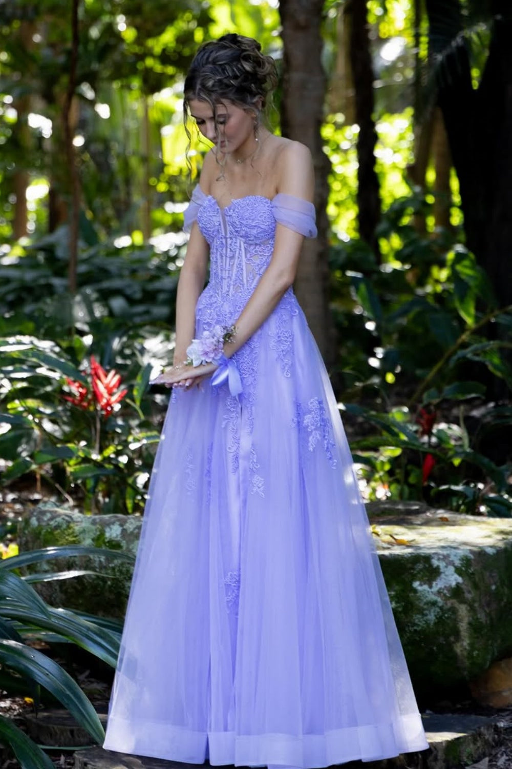 Lace Appliques Lavender Prom Dress 