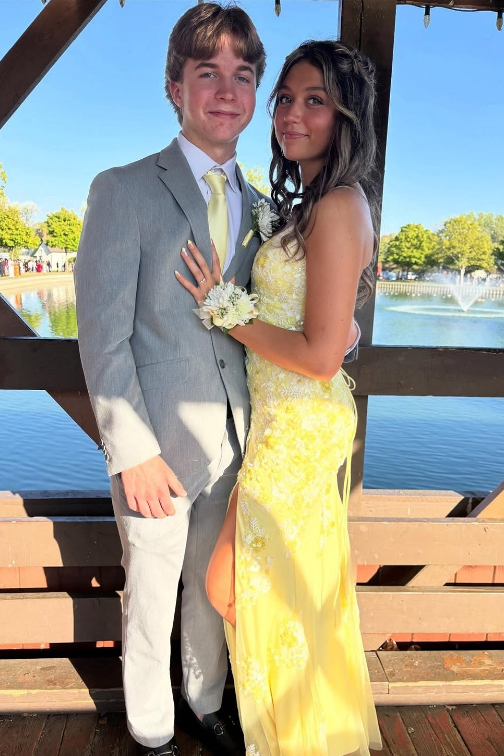 3D Flower Appliques Spaghetti Straps Mermaid Slit Prom Dress