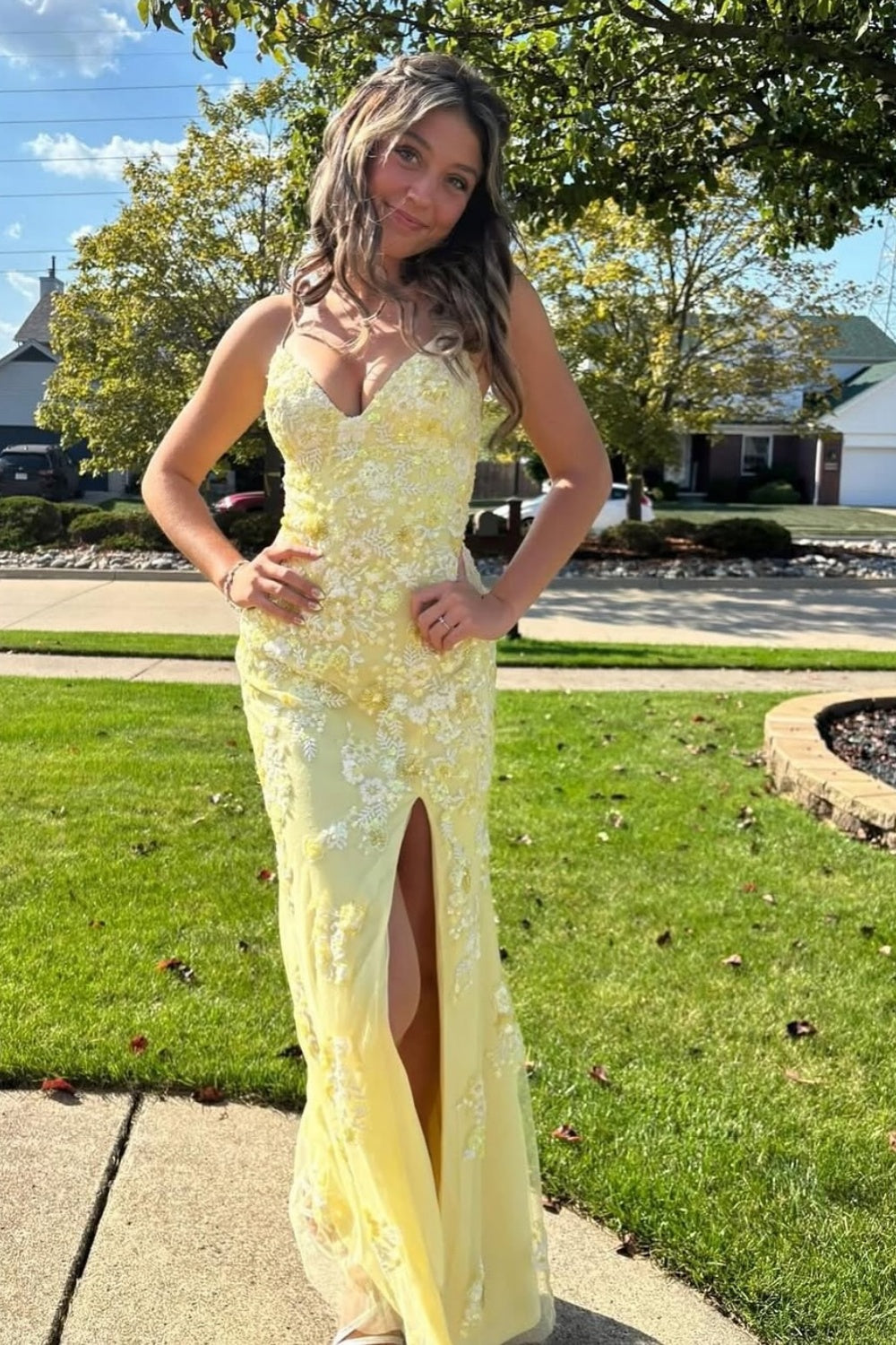 3D Flower Appliques Spaghetti Straps Mermaid Slit Prom Dress