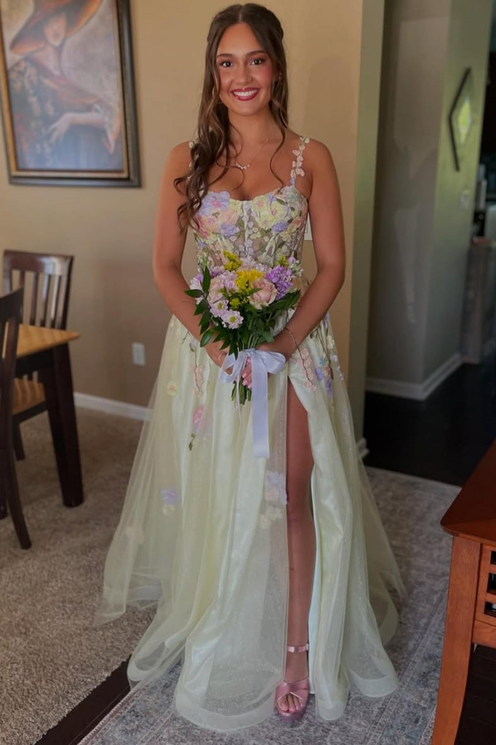 Flower Appliques Yellow A-line Tulle Slit Lace-up Prom Dress
